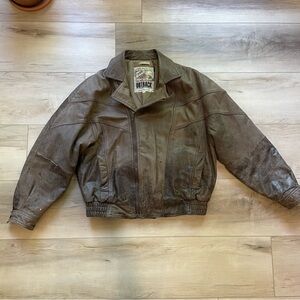 Vintage Rustic Heavy Leather Brown New Zealand  Outback Bomber Jacket Size Large